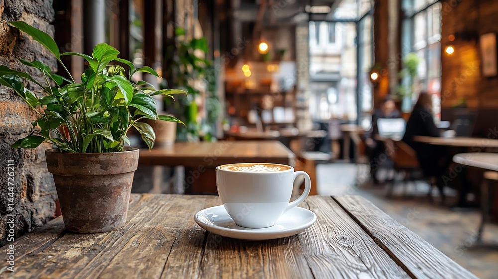 Cozy coffee shop scene with latte art Cozy coffee shop scene with latte art
