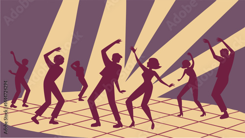 Energetic Silhouettes Dancing at a Vibrant Retro Disco Party Under Bright Spotlights