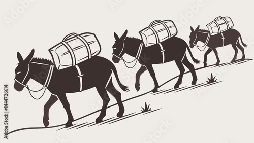 Rustic Drawing of Three Pack Donkeys Walking Uphill with Heavy Bags