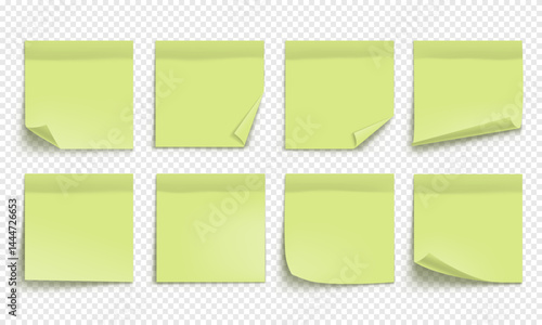 Vector green note paper isolated on transparent background. Realistic sticky note. Mockup of note paper for design.