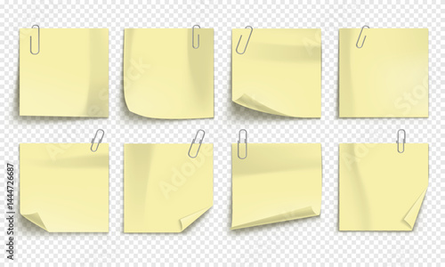 Vector note with metallic paper clip isolated on transparent background. Mockup of realistic sticky note for design.