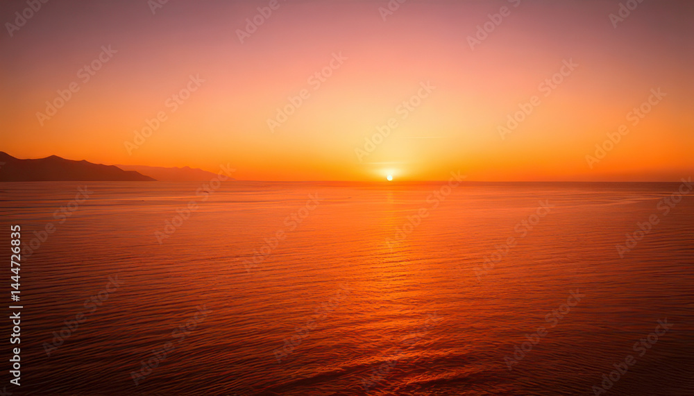 Obraz premium Stunning sunset over ocean creates serene atmosphere with vibrant orange hues