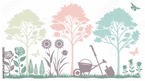 Pastel Silhouetted Garden Scene Illustration with Trees Flowers Gardening Tools and Butterflies