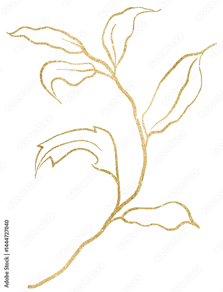 Hand drawn twig with leaves, golden outlines, isolated illustration, wedding stationery element