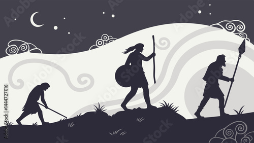Ancient Tribal Life Evolution Silhouette Farming Traveling Hunting Night Moon