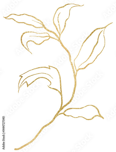 Obraz na płótnie Hand drawn twig with leaves, golden outlines, isolated illustration, wedding stationery element w salonie