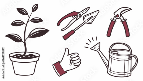 Simple Line Art Gardening Illustration with Potted Plant Tools Watering Can Thumbs Up