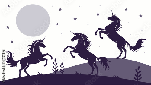 Dark Purple Fantasy Unicorn Silhouettes Rearing Under Moon and Stars Mystical Night Landscape