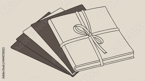 Stack of vintage notebooks or books tied with ribbon simple line art drawing