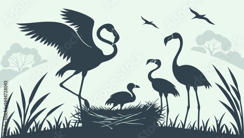 Beautiful Silhouette Vector Wildlife Illustration of Flamingo Family with Chick in Nest and Flying Birds in Natural Landscape
