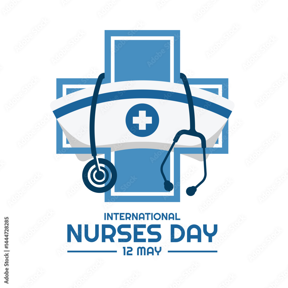 International Nurses day - White nurse cap in blue cross sign with Stethoscope hang vector design International Nurses day - White nurse cap in blue cross sign with Stethoscope hang vector design