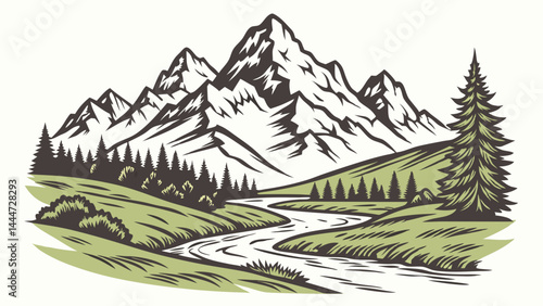 Vintage Style Mountain Landscape Drawing with River Evergreen Trees and Grassy Hills