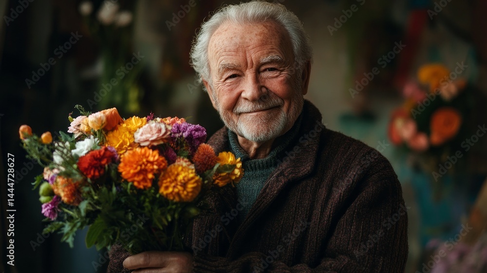 An older gentleman proudly displays a colorful bouquet of flowers, beaming with joy in a charming indoor environment filled with natural light, showcasing his warmth and kindness An older gentleman proudly displays a colorful bouquet of flowers, beaming with joy in a charming indoor environment filled with natural light, showcasing his warmth and kindness