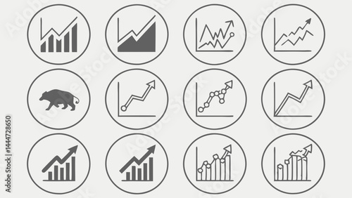 Simple Grey Business Finance Stock Market Graphs Charts Trends Icons Set