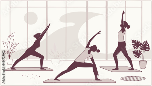 Flat illustration of women doing yoga poses in a bright studio promoting fitness and wellness