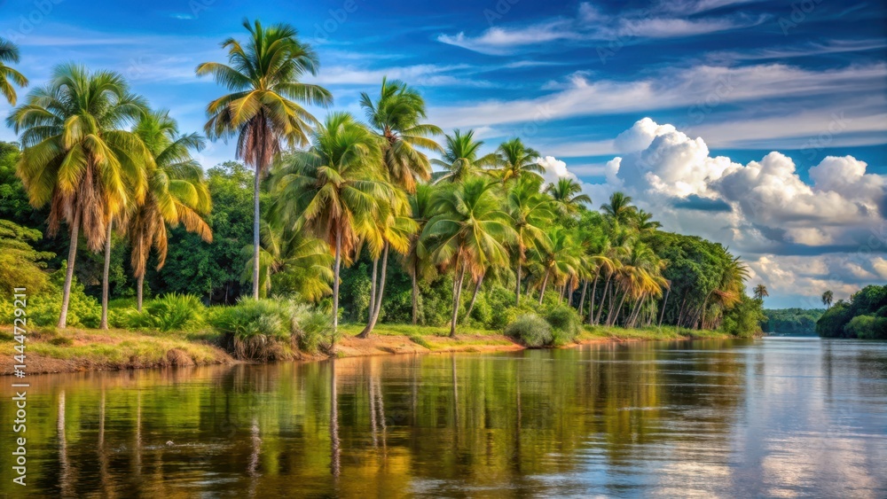 Palm trees and riverbank at Tocantins River, greenery, nature's splendor Palm trees and riverbank at Tocantins River, greenery, nature's splendor