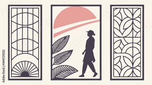 Stylish Set of 3 Modern Decorative Panels Geometric Patterns Nature Scene Silhouette Wall Art Room Divider Design