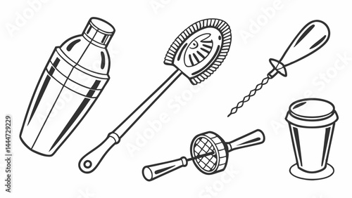 Monochrome Line Art Illustration of Bartender Cocktail Tools Shaker Muddler Spoon Jigger