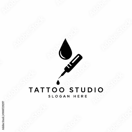 Tattoo Studio Logo with Ink Drop and Angled Tattoo Machine Silhouette

