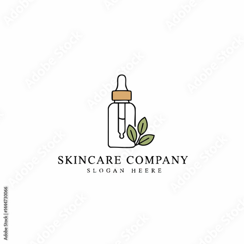 Skincare company line art logo with dropper bottle and leaves for natural beauty or cosmetic products.
