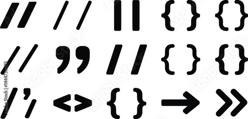 Collection of black isolated programming symbols and code snippets vector illustration