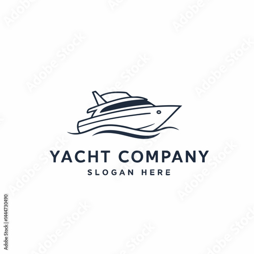 Yacht Company Logo Featuring Line Art Drawing of a Motor Yacht Cruising on Simple Waves.

