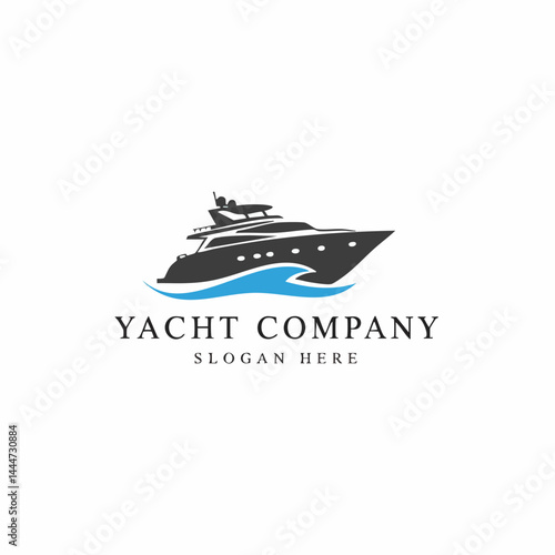 Yacht company logo featuring sleek motor yacht silhouette on waves for marine, travel, or luxury brands.
