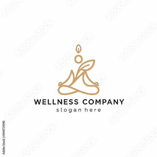 Elegant line art wellness logo with yoga pose figure, leaf, and circle for spa or holistic health.
