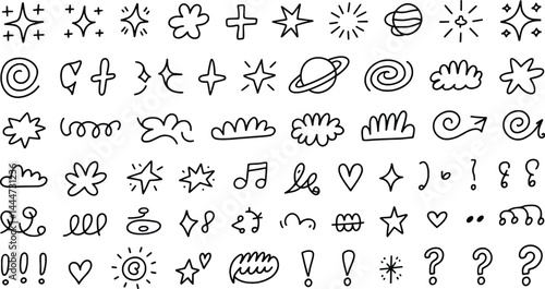 Hand drawn doodle elements set of stars clouds hearts and other cute icons