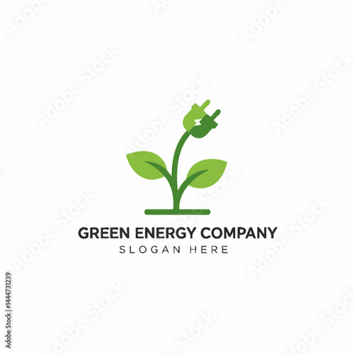 Green energy company logo with plant sprout topped by electrical plug, symbolizing renewable power from nature.
