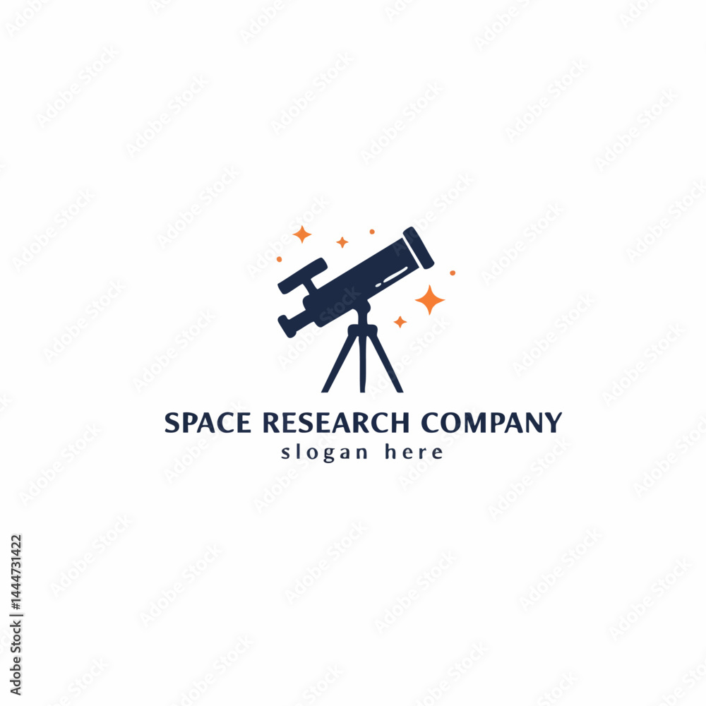 Space research company logo featuring telescope silhouette and orange stars for astronomy or science branding.
Space research company logo featuring telescope silhouette and orange stars for astronomy or science branding.