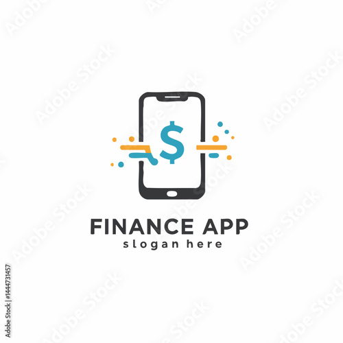 Finance app logo with smartphone, dollar sign, and circuit elements for fintech or mobile banking.
