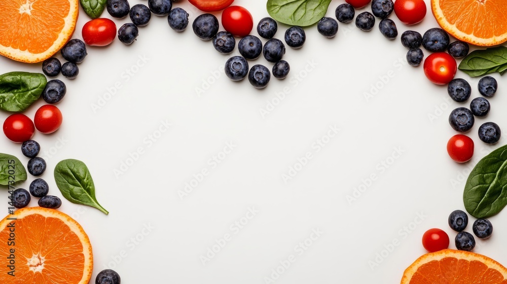 heart-healthy foods to eat daily. Fresh blueberries, cherry tomatoes, orange slices, and spinach leaves forming a border on a white background, , mockup, copy space. representing healthy nutrition heart-healthy foods to eat daily. Fresh blueberries, cherry tomatoes, orange slices, and spinach leaves forming a border on a white background, , mockup, copy space. representing healthy nutrition