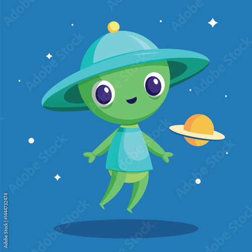 Explore the imaginative design of a cute alien with a floating UFO. This whimsical illustration captures the charm of extraterrestrial life and space exploration, perfect for sci-fi enthusiasts and cr