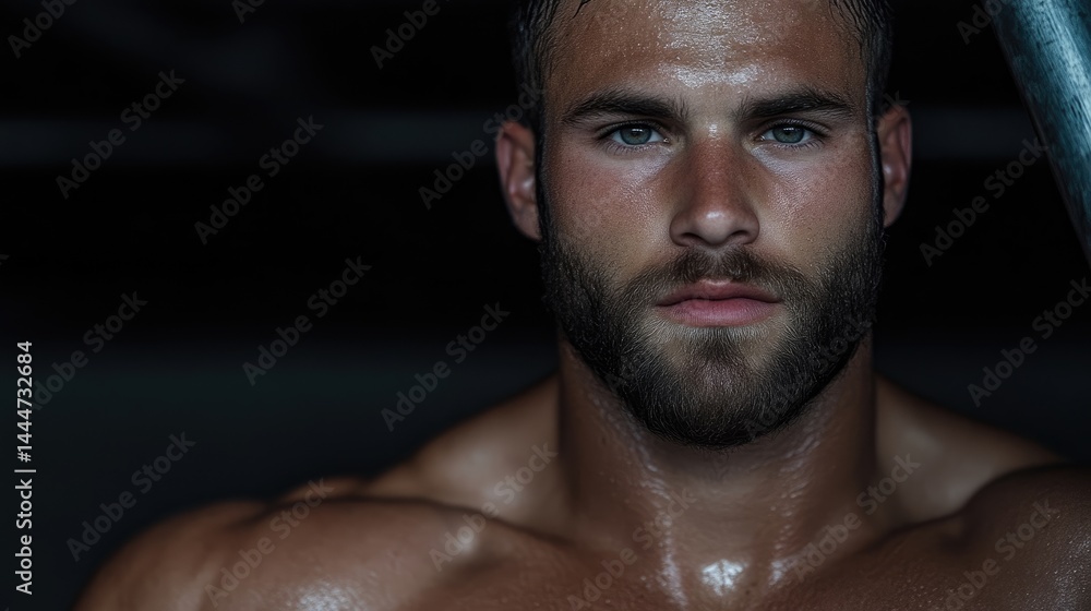 Muscular man, intense gaze, sweat Muscular man, intense gaze, sweat