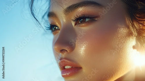 Golden Hour Beauty SunKissed Asian Womans Face.