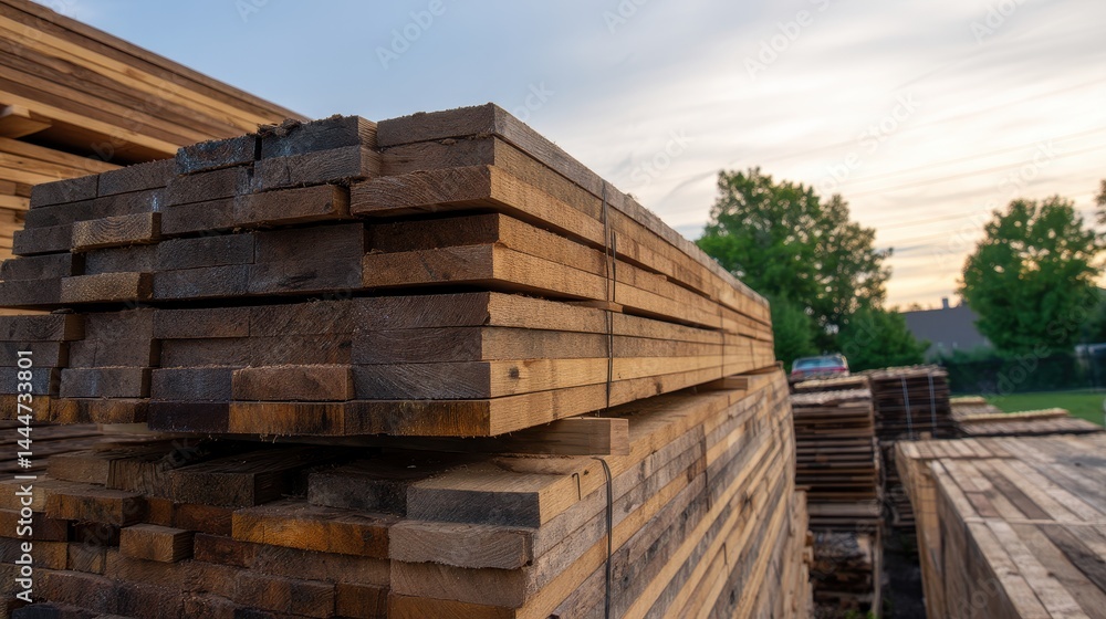 Stacked wooden planks in a lumber yard during sunset with trees in the background Stacked wooden planks in a lumber yard during sunset with trees in the background