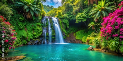 Waterfall cascading down a lush green hillside into an azure pool surrounded by vibrant tropical flowers and trees, water feature, floral arrangement