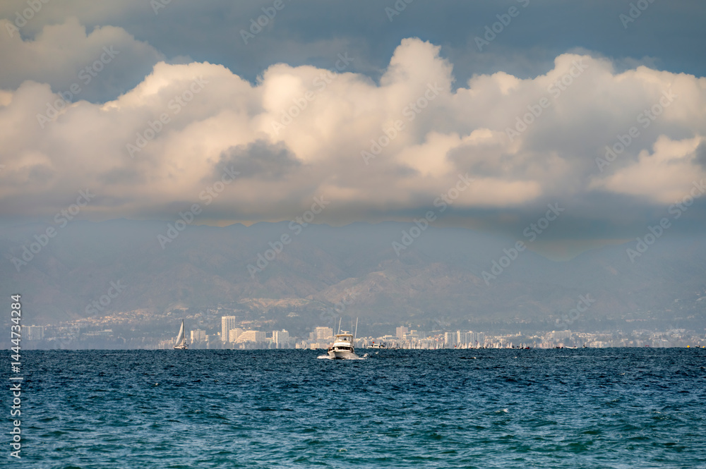 Inland angle of coastal section of the South Bay, Southern California with dramatic blue and cloudy sky