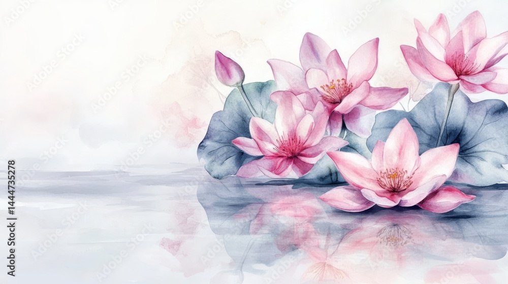 Fototapeta premium watercolor drawing of pink lotus on white backdrop. painting flowers background. illustration floral nature. flower wallpaper for greeting cards, weddings or birthdays. Copy space. space for text