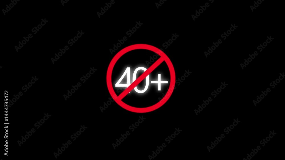 40 Plus Prohibited Sign – Green Circle with Slash Over 40+ Symbol Representing Age Restriction, Warning, No Entry, or Limit Icon for Digital Safety or Content Guidelines 4k animation video. 40 Plus Prohibited Sign – Green Circle with Slash Over 40+ Symbol Representing Age Restriction, Warning, No Entry, or Limit Icon for Digital Safety or Content Guidelines 4k animation video.