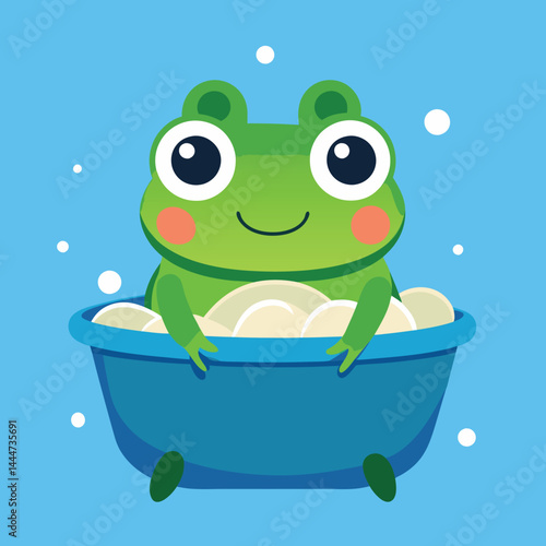 Discover the whimsical design of a cute frog enjoying a bath in a bathtub. This charming illustration captures the playful and relaxing moment, perfect for cheerful and lighthearted projects.
