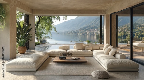 Modern sectional sofa in a luxury home with lake view.