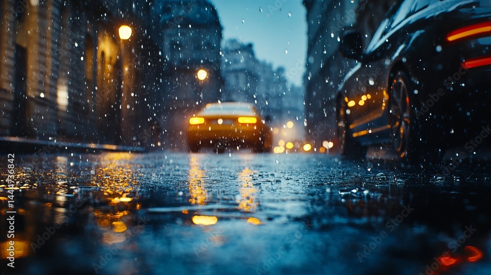 Obraz premium Glistening Wet Street After Rainfall Capturing Reflections of Surroundings in a Tranquil Urban Scene