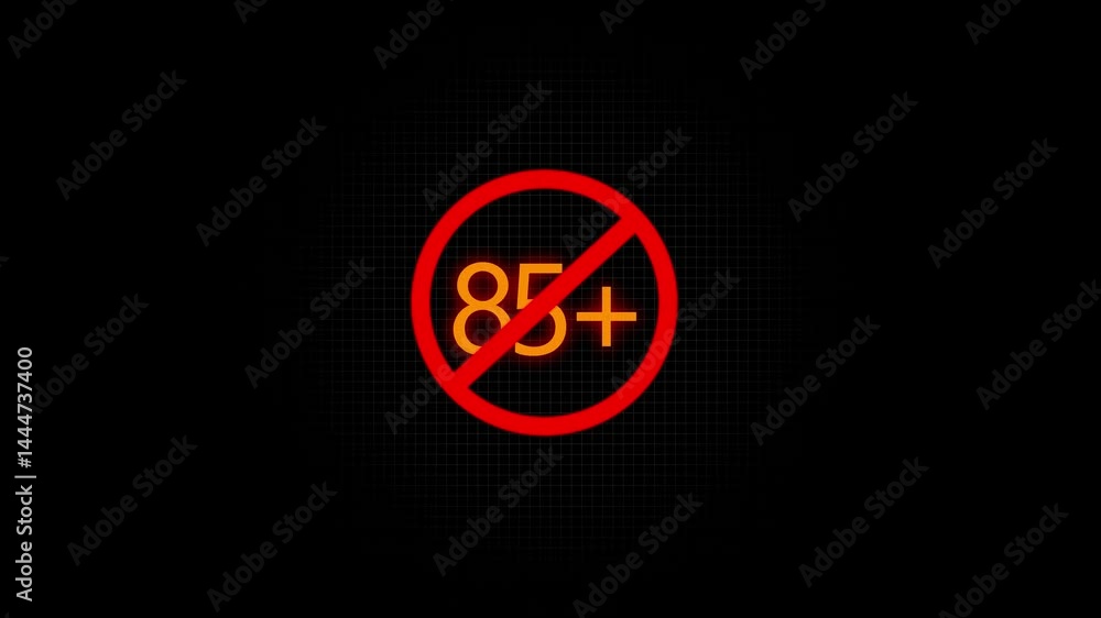85 Plus Prohibited Sign – Green Circle with Slash Over 85+ Symbol Representing Age Restriction, Warning, No Entry, or Limit Icon for Digital Safety or Content Guidelines 4k animation video. 85 Plus Prohibited Sign – Green Circle with Slash Over 85+ Symbol Representing Age Restriction, Warning, No Entry, or Limit Icon for Digital Safety or Content Guidelines 4k animation video.