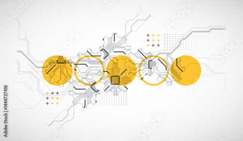 Stylized view of gears integrated with microcircuits. Concept of combining mechanics and electronics.