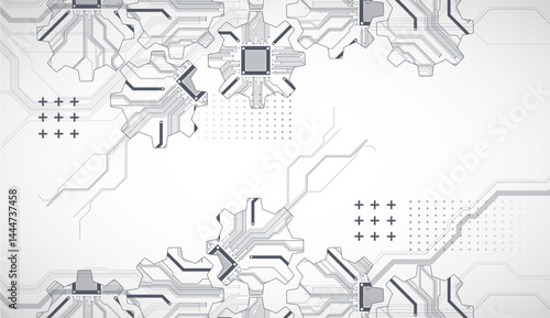 Stylized view of gears integrated with microcircuits. Concept of combining mechanics and electronics.