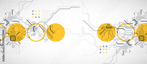 Stylized view of gears integrated with microcircuits. Concept of combining mechanics and electronics.