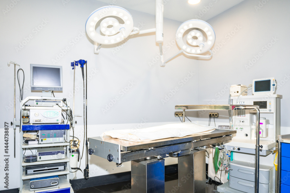 Veterinary operating room ready for surgery with modern equipment