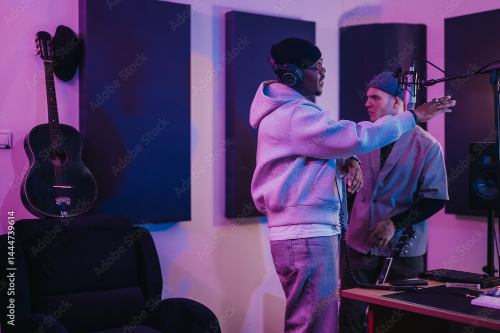 Musicians work together in a recording studio, creating music with passion and creativity. The environment features professional equipment and colorful lighting, highlighting a dynamic collaboration.